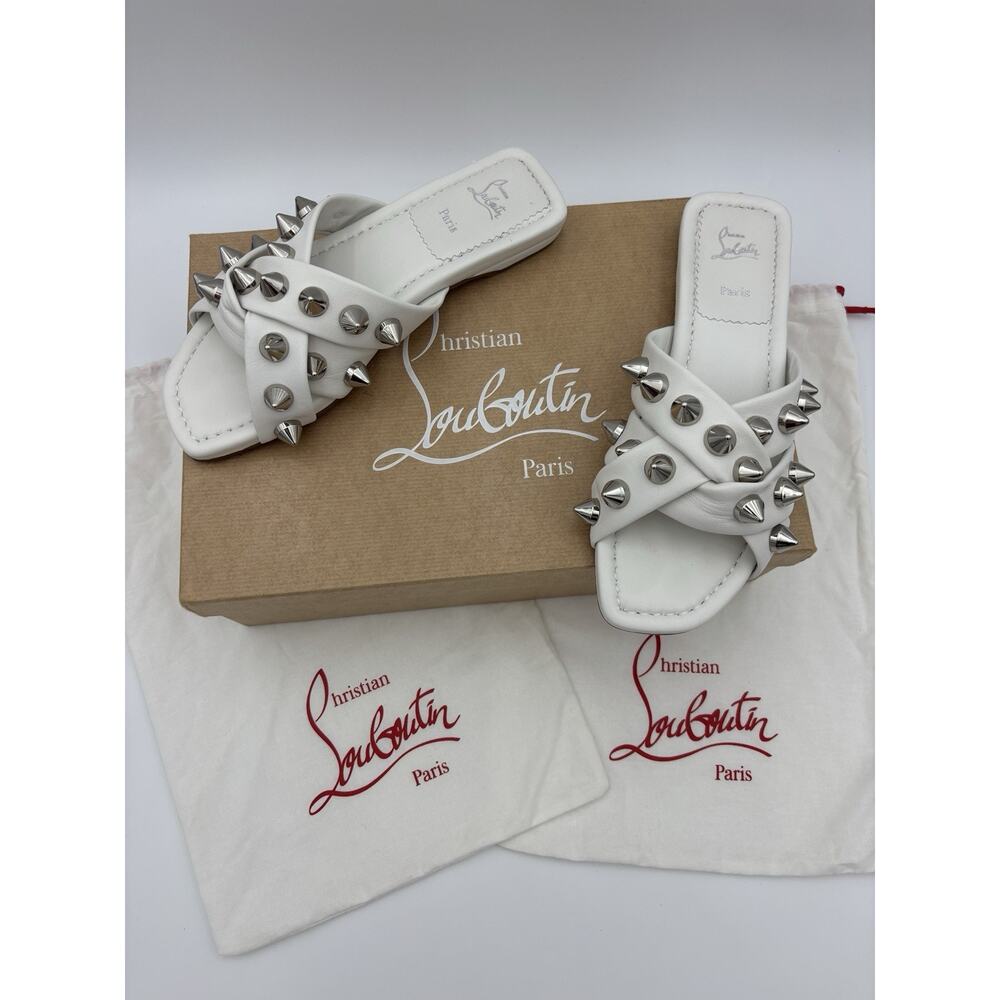 Christian Louboutin Miss Spika Club Slides Sandals White Leather Spikes Size 37